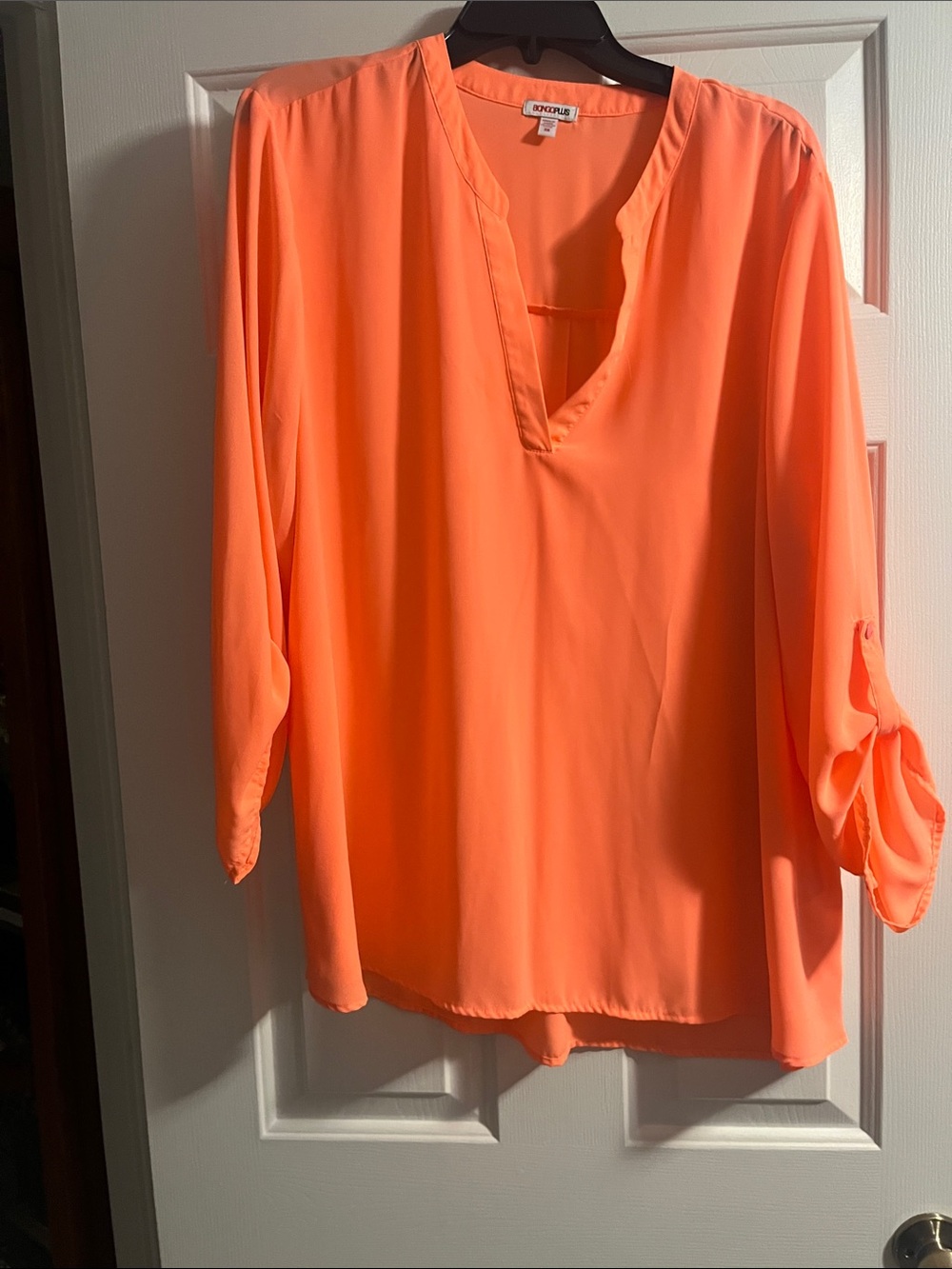 BONGO Neon Orange V-Neck Roll-Tab Sleeve Blouse